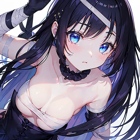 1 girl, no smile, sparkling navy blue eyes, (black hair) ,Cute woman with short baby face, bandaged, small stature, small breasts, loli, Full body, (masutepiece:1.2, Best Quality), (finely detailed beautiful eye: 1.2), (beautifull detailed face), High cont...