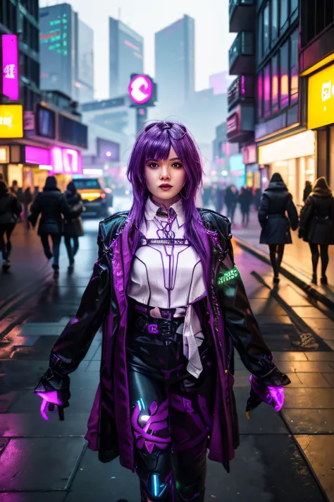 Girl walking on the street, many buildings behind her, blurred background:1.7, realistic, cyberpunk themes:1.3, neon lighting in city, purple city tone, ((best photo)), ((perfect face)), ((perfect lighting)), ((ultra quality)), (morden future city), huge L...