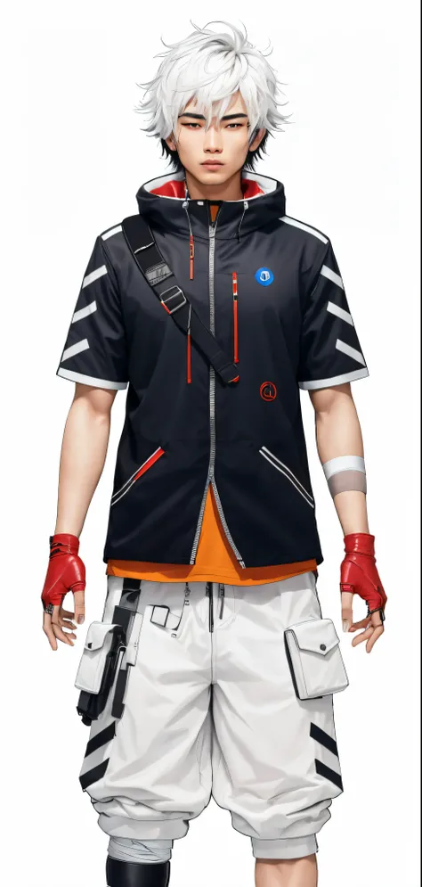 Asian man with white and black hair,  olhos vermelhos, band-aid preto no nariz, um brinco cruz azul na orelha esquerda, usando uma jaqueta cyberpunk preta com detalhes vermelhos, a backpack strap across your chest, red leather gloves, bandages covering the...