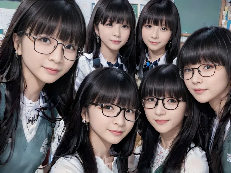 a picture、5girls、same face, matching school uniform、matching black-rimmed glasses、five cute 16-year-old girls with long black ha...