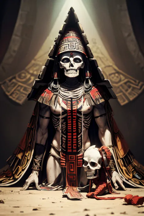 Ah Puch - Mayan mythology - skeletal man, pale clothes of the Aztec people, wearing sermonial costumes, living dead - dark climate - South American pyramid - Aztecs