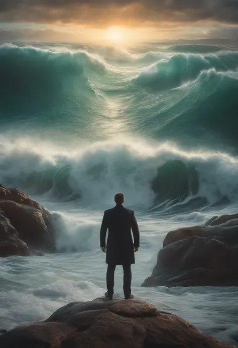 Photo of a man standing in front of a huge wave, dan mumford tom bagshaw, Written by Thomas Allen Kopela, Veksisky, Standing in the maelstrom, inspired by tomasz alen kopera, epic surrealism 8k oil painting, dan mumford and albert bierstadt, Dan Mumford an...