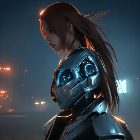 imagem de mulher morena, com uma mecha do cabelo branca, com capacete de pilotar carro de corrida cobrindo a parte inferior do rosto estilo anime cyberpunk da netflix, imagem de perfil