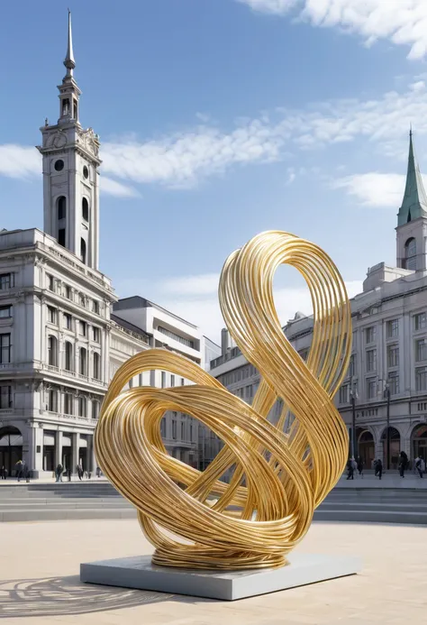 (line art:1.5)，metal wire craft sculpture，Golden wire，Plata，wire，S-shaped figure woven with metal wire on the city square，braided with metal thread，contortion，line connection，immensity，empty，Abstract，Three-dimensional stereoscopic，City landmarks，heavy meta...