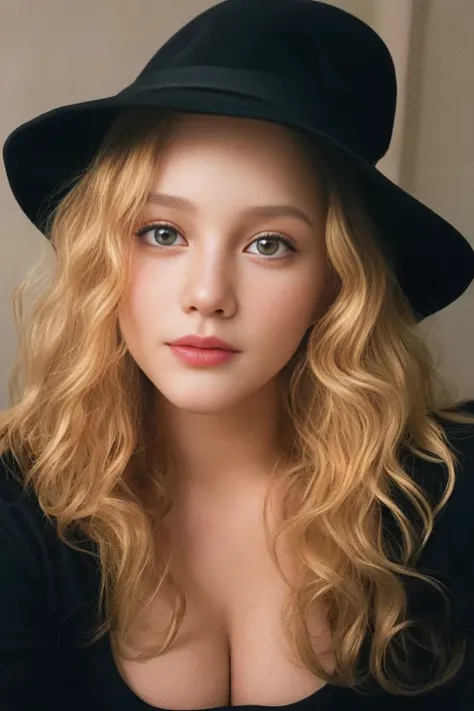 (close-up, editorial photograph of a 21 year old woman), curly blonde hair, (highly detailed face:1.4) (smile:0.7) (background inside dark, moody, private study:1.3) POV, nikon d850, film stock photograph ,4 kodak portra 400 ,camera f1.6 lens ,rich colors ...