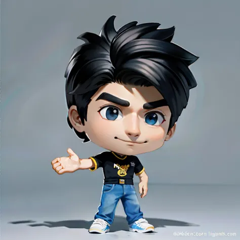 Homem Branco, cabelo cacheado pequeno, cor do cabelo preto, usando um casaco preto, olhos castanhos, fazendo pose de Jojo, 19 anos, fundo branco, 2D Animation Style,