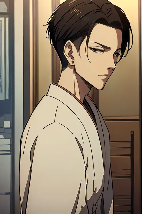 ((4K works))、​masterpiece、（top-quality)、((high-level image quality))、((One Manly Boy))、Slim body、((Attractive and sexy jeans fashion))、((Mens Fashion))、(Detailed beautiful eyes)、town in the morning、Levi Ackerman、((short hair above the ears))、((Smaller face...