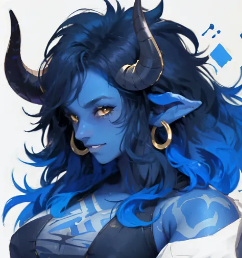 um close up de um homem com chifres, tiefling vermelho, projeto do menino chifres exuberantes, pele azul, messy wavy hair, corpo...