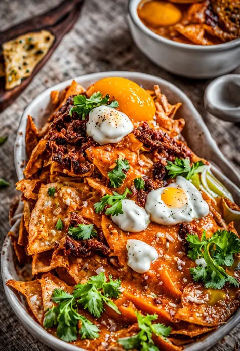 (ultra-detailed, highres, masterpiece:1.2), juicy, delicious, hot, crumbling chilaquiles, promotional photo, intricate details, hdr, cinematic, adobe lightroom, very detailed