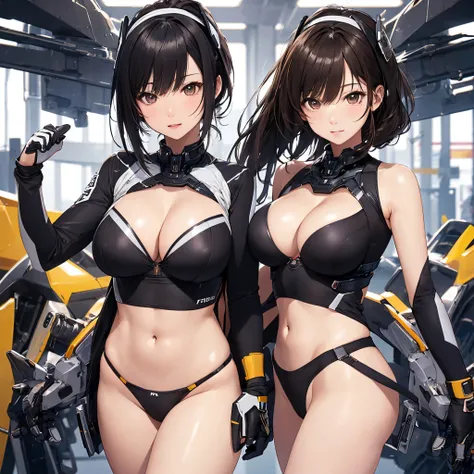 ​masterpiece、Top image quality、Black hair、Black bra、Colossal tits、mechs、animesque、8K,​masterpiece, bset quality,Colossal tits、（1girl in）、((Pit Girl Suit))、shinny skin、Shiny big、dark-brown eyes、 ((top-quality))、 Crisp focus:1.2、Highly detailed facial and sk...