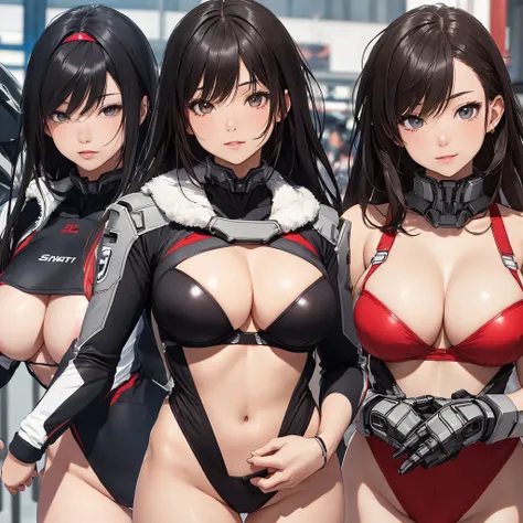 ​masterpiece、Top image quality、Black hair、Black bra、Colossal tits、mechs、animesque、8K,​masterpiece, bset quality,Colossal tits、（1girl in）、((Pit Girl Suit))、shinny skin、Shiny big、dark-brown eyes、 ((top-quality))、 Crisp focus:1.2、Highly detailed facial and sk...