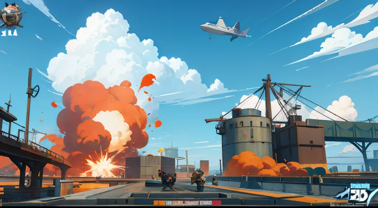 dockyard with a sky background, team fortress style, toon boom render, brawl start bg, cg art,, official artwork, explosion in background, game art, heavy battle, very stylized, gameplay still, 3 d game art, 3d game art, game illustration