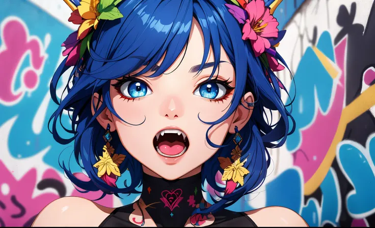 masterpiece, high quality, highres, absurdres, ultra-detailed, detailed eyes, 8k, 1girl, colorful eyes, fangs, open mouth, blue eyes, bangs, hair ornament, colorful background, (graffiti mural walls background), looking at viewer, vibrant, contrast