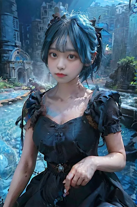 ((((City Background)))),(((Photorealsitic))) ,((Realistic)),(((Blue hair))),((((Twin-tailed)))),(((de pele branca))),((Black skirt)),(((Black hair ornament))),((with round face)),nedium breasts,Clear eyes,Pink teak,thighs thighs thighs thighs