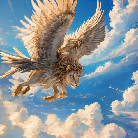 Winged Lion flying over clouds