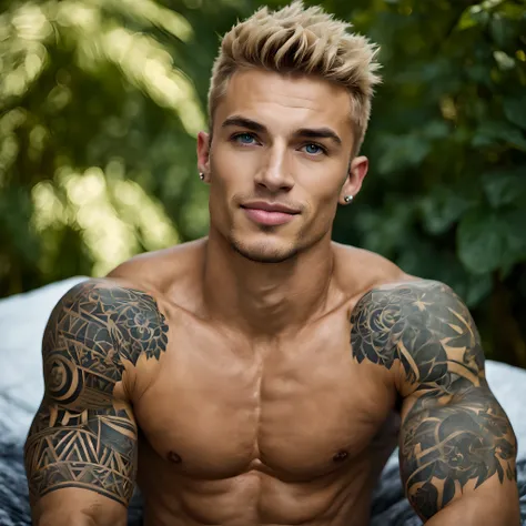 ((full body shot)), portrait of a handsome muscular (young) man lying on a bed on against a background of dense greenery in the background, without clothes, (black tribal tattoos) , (perfect shape chest), detailed perfect sculpted bulging abs , slender ath...