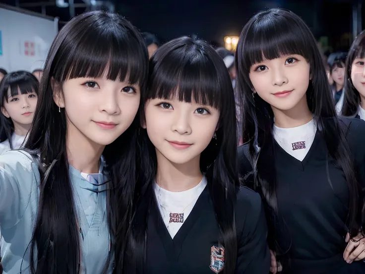 a picture、1000 girls、1000000 girls、the same face、a cute 16-year-old girl with long black hair in matching school uniform.、a smil...