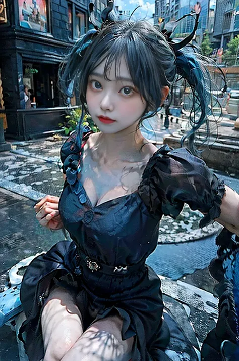 ((((Twin-tailed)))),((((City Background)))),(((Photorealsitic))) ,((Realistic)),(((Blue hair))),(((de pele branca))),((Black skirt)),(((Black hair ornament))),((with round face)),nedium breasts,Clear eyes,Pink teak,thighs thighs thighs thighs