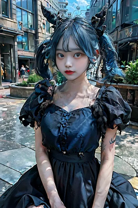 ((((Twin-tailed)))),((((City Background)))),(((Photorealsitic))) ,((Realistic)),(((Blue hair))),(((de pele branca))),((Black skirt)),(((Black hair ornament))),((with round face)),nedium breasts,Clear eyes,Pink teak,thighs thighs thighs thighs