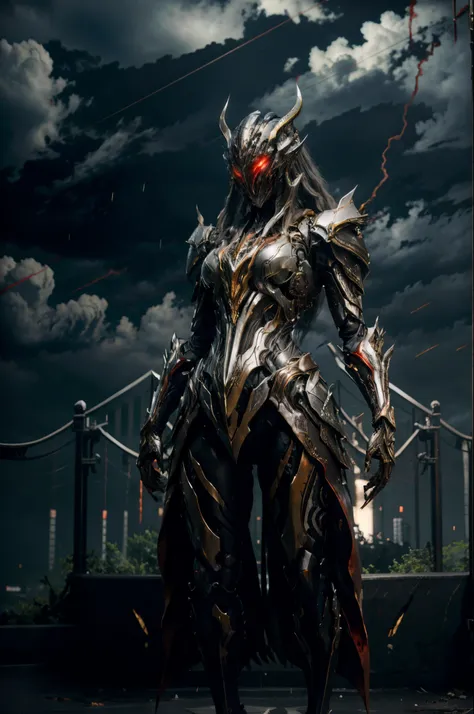 1 japanese girl, WARFRAME, intricate pattern, heavy metal, energy lines, faceless, glowing eyes, elegant, intense, blood red and black uniform, solo, modern, city, streets, dark clouds, thunderstorm, heavy rain,
dramatic lighting,
(masterpiece:1.2), best q...