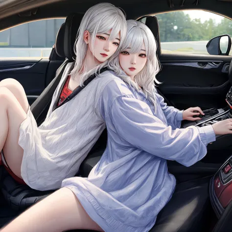 Realistic AI image of Jimin, with white hair in the car.