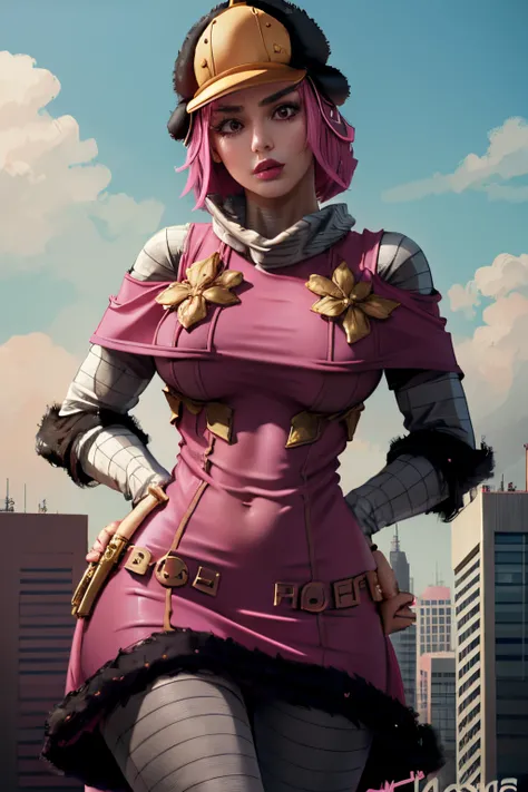 Hot Pants, giantess, big body, 1girl, solo, hat, pink hair, pink dress, black frills, short hair, blunt bangs, striped sleeves, striped pants, cowboy shot, pink lipstick, full lips, medium breasts, pink eyes