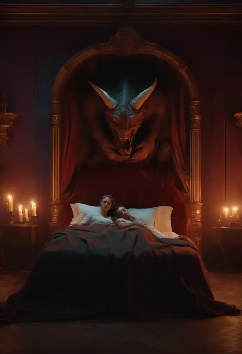 horror film scene of surrealism, baroque style, 3d render, realistic, a oversized huge giant demon and a girl are sleeping in the bed in a bedroom, candle lit room, ultra detail, 8k resolution