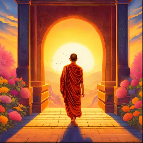 a painting of a monk walking towards a sunset, on path to enlightenment, on the path to enlightenment, buddhism, buddhist monk, opening a shining portal, monk, monk meditate, blossoming path to heaven, an ancient path, spiritual enlightenment, portal to an...