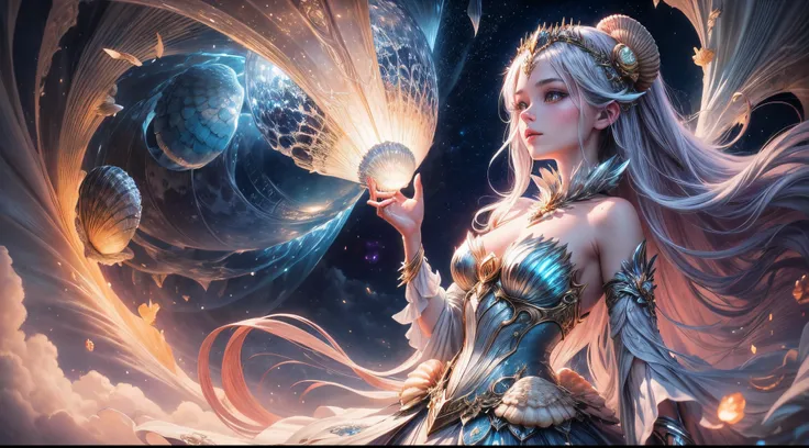 "((Graceful)) girl in a fantastical scenario, holding a ((shimmering shell)) against the backdrop of an alien world illuminated by the enchanting glow of moonlight filtering through wisps of clouds. Detailed, fantasy, moonlit, captivating."