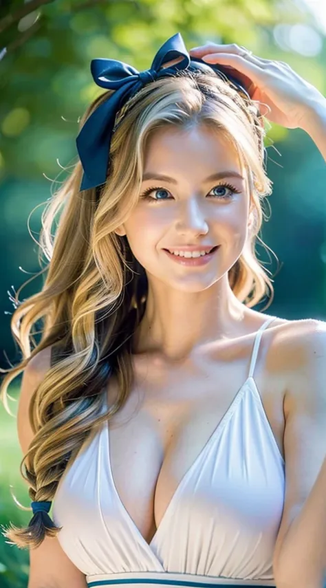 American white woman with unparalleled looks、Shedding white skin、dark blonde、Semi-long hair、wearing a ribbon headband、Hair is wavy、The ends of the hair are curled、Loosely braided、blue eyess 、A slender、Out of focus background of open meadow in the forest、Th...