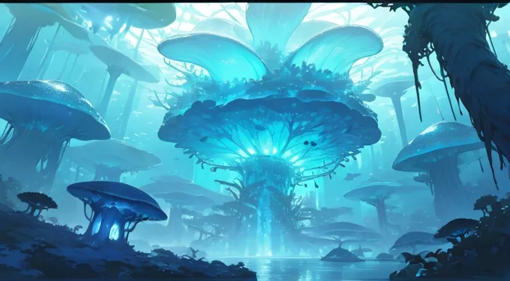 Masterpiece, High Quality, Ocean Forest, City, Fantastic Fantasy, Glowing Plants, Coral Viaduct, (Swarm of Glowing Jellyfish), (Shoal of Fish with Transparent Wings Flying in the Sky), Misty, Extreme Detail, Morning Light, Epic Composition, (Intricate Deta...