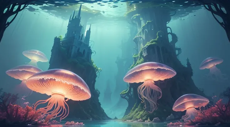 Masterpiece, High Quality, Ocean Forest, City, Fantastic Fantasy, Glowing Plants, Coral Viaduct, (Swarm of Glowing Jellyfish), (Shoal of Fish with Transparent Wings Flying in the Sky), Misty, Extreme Detail, Morning Light, Epic Composition, (Intricate Deta...