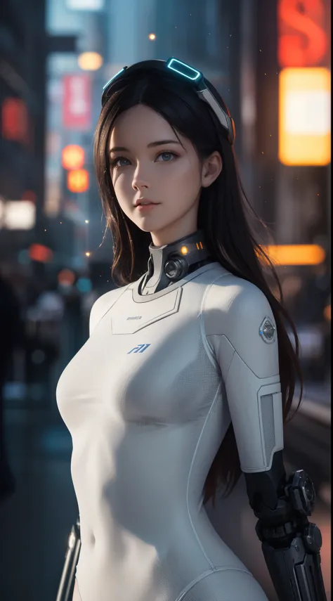 ((best quality)), ((masterpiece)), ((realistic)), (detailed), (photorealistic:1.5), a futuristic girl, (thick body), (white bodysuit), lights on armor, cybernetic headwear, looking at viewer, dynamic pose, post apocalyptic, destroyed city background, build...