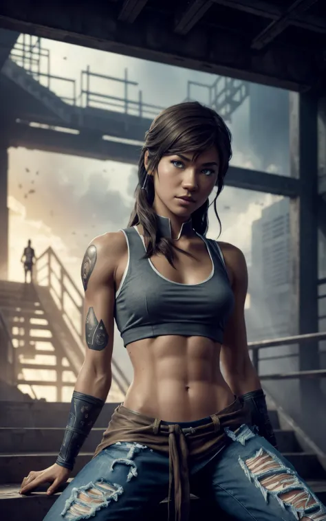 Korra with the face of zendaya ,sitting on some stairs, ripped jeans, tank top, upshirt, ((pulls up her shirt)) , slightly muscular, Beautiful realistic waifu style girl, hyperdetailed painting, luminism, art by Carne Griffiths and Wadim Kashin concept art...