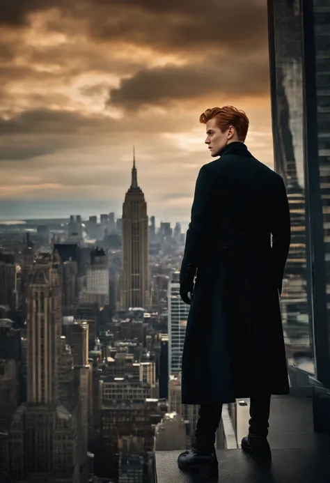 The image is of Jerome standing on the edge of a tall building, looking down with a mischievous grin on his face. He is wearing a dramatic black coat and his hair is blowing in the wind.,Gotham TV series,Jerome is tall, pale, has short ginger hair, famousl...