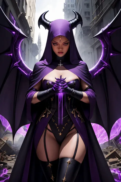 Rihanna : The evil nun, Demon horn, Demon wings on the head , sexy robe de nonne, Powerful bolts of destructive purple energy shoot out of his hands, His powerful magic hits the buildings of a destroyed city , Satanic, detailled eyes, detailed hands