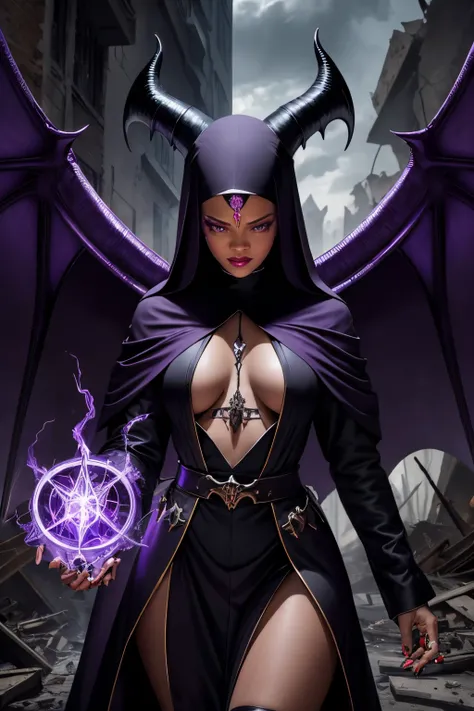 Rihanna : The evil nun, Demon horn, Demon wings on the head , sexy robe de nonne, Powerful bolts of destructive purple energy shoot out of his hands, His powerful magic hits the buildings of a destroyed city , Satanic, detailled eyes, detailed hands