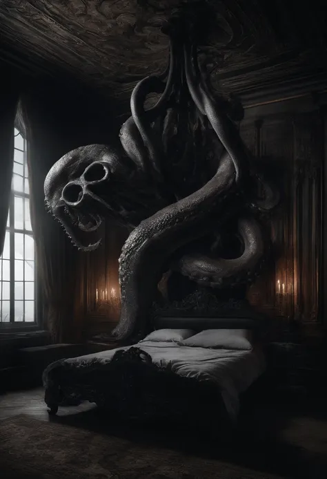 horror film scene of surrealism, baroque style, 3d render, realistic, a oversized huge giant octopus and a girl are sleeping in the bed in a bedroom, candle lit room, ultra detail, 8k resolution