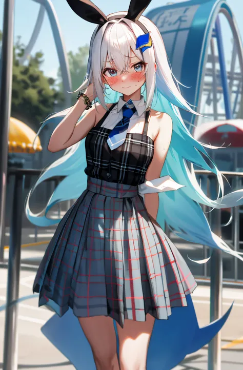 One girl with long hair, white hair, blue inner hair, looking at viewer, embarrassed, blushing, tears, outdoor, Amusement parks, bunny headband, plaid sweaters ,, bare shoulders, necktie, plaid mini skirt, thigh, slim, dizzy, choker, mid-chest, wide hips, ...