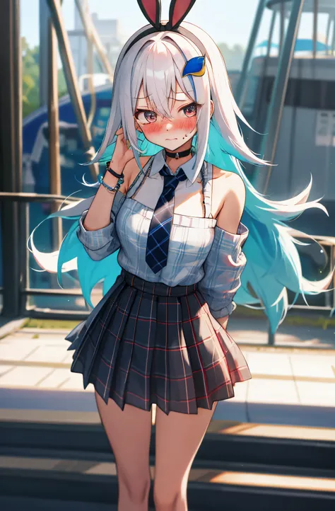 One girl with long hair, white hair, blue inner hair, looking at viewer, embarrassed, blushing, tears, outdoor, Amusement parks, bunny headband, plaid sweaters ,, bare shoulders, necktie, plaid mini skirt, thigh, slim, dizzy, choker, mid-chest, wide hips, ...