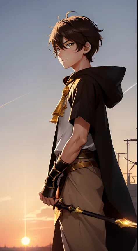 (1 Young boy)，(Dark brown gradient anime short hair，Brownish-yellow gradient eyes)，Delicate Egyptian white hooded cloak，the setting sun，Delicate golden glowing spear，serious-expression，tmasterpiece，with light glowing，火焰