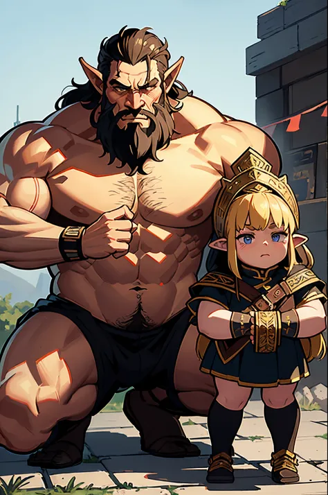 2humams, couple, hugging, (masterpiece, best_quality, ultra-detailed, immaculate:1.3), epic, illustration, 1boy, full body, stoic orc mountain viking warrior, (muscular:1.3)