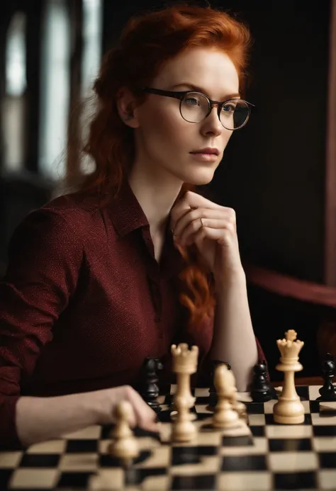 A photo of a person sitting at a chessboard, deep in concentration.,original,red hair, red beard, brown eyes, pale skin, square-framed glasses, button-up shirts, dress slacks, Scandinavian, thin, slender, tall