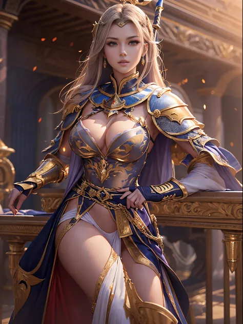 ((Emperor&#39;Knights、Beautuful Women))8K、An ultra-high picture quality、Ultra-realistic details、3d rendered、sharp gaze、Beautiful behavior、Toned body、large full breasts、Clothes with wide open chests、Shining sword、