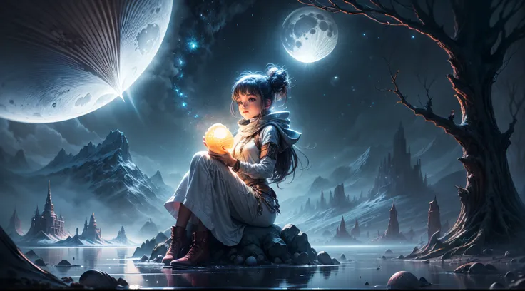 "((Adventurous)) girl exploring an alien realm, clutching a ((luminous shell)), as moonlight bathes the surreal landscape in a soft glow. Wisps of clouds add a touch of mystery. High-quality, detailed, fantasy, otherworldly, moonlit ambiance."