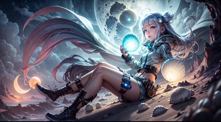 "((Adventurous)) girl exploring an alien realm, clutching a ((luminous shell)), as moonlight bathes the surreal landscape in a soft glow. Wisps of clouds add a touch of mystery. High-quality, detailed, fantasy, otherworldly, moonlit ambiance."