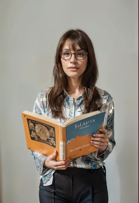 mulher magra, cor claro, cabelo liso, layered with light brown side bangs with a white blouse with a blue print black pants using glasses to read a book