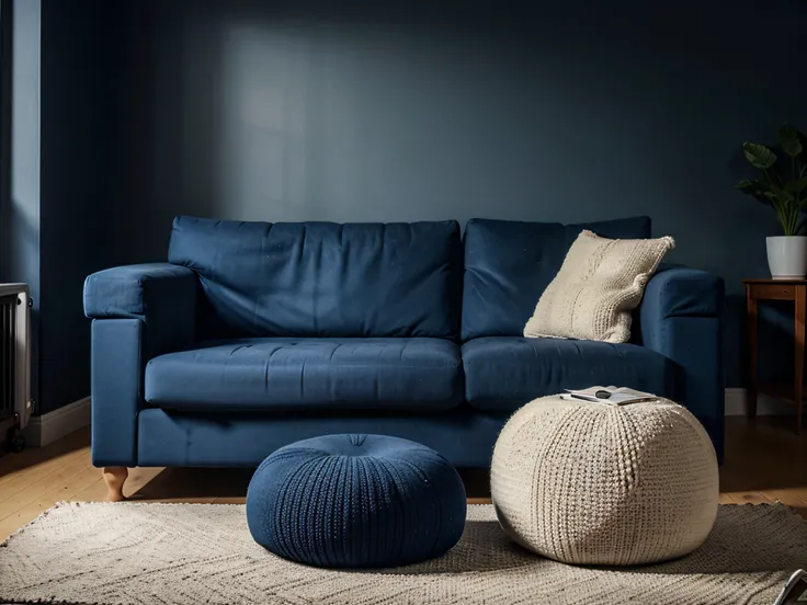 Two knitted poufs near dark blue corner sofa. Scandinavian home interior design of modern living room.