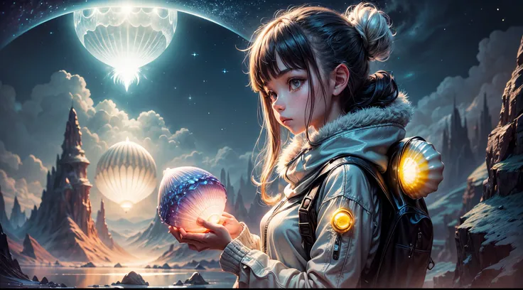 "((Adventurous)) girl exploring an alien realm, clutching a ((luminous shell)), as moonlight bathes the surreal landscape in a soft glow. Wisps of clouds add a touch of mystery. High-quality, detailed, fantasy, otherworldly, moonlit ambiance."