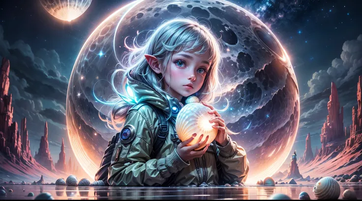 "((Adventurous)) girl exploring an alien realm, clutching a ((luminous shell)), as moonlight bathes the surreal landscape in a soft glow. Wisps of clouds add a touch of mystery. High-quality, detailed, fantasy, otherworldly, moonlit ambiance."